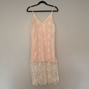 Nude and White Overlay Lace Slip Dress